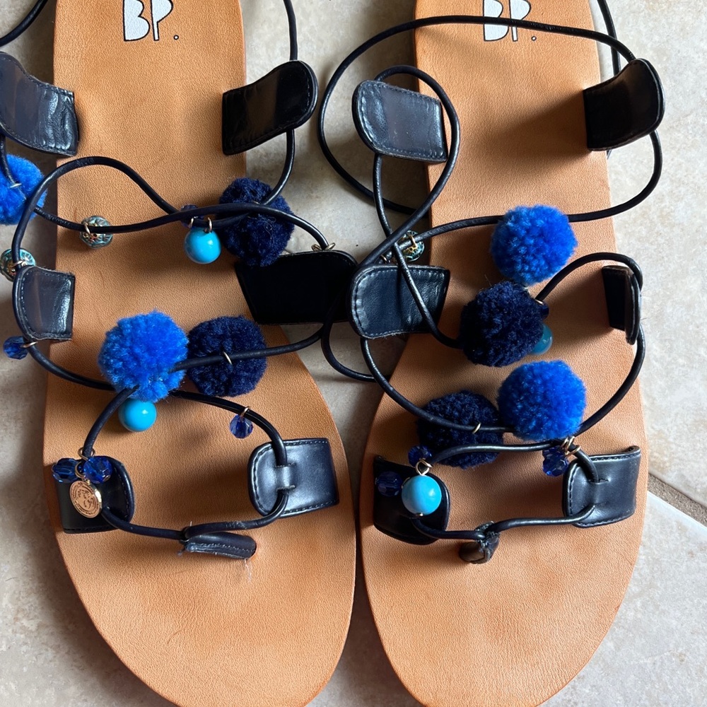 BP Nordstrom Beaded Festival Tie Up Sandals Pom Pom Accents BLUE Size 9M EUC